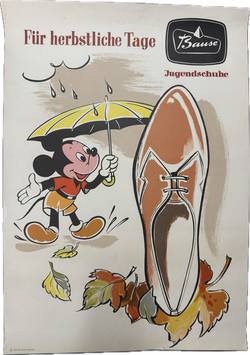 Micky Maus Werbeplakat für Bause Kinderschuh (Wohl 50er Jahre) Motiv: Micky mit Schirm im Laub