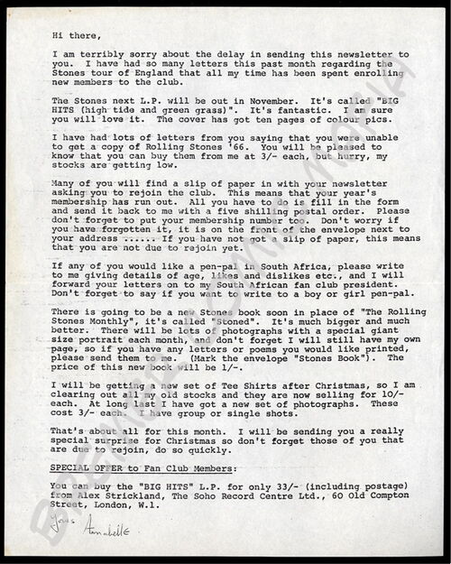 Rolling Stones  - Original-Fan-Club-Schreiben der 60er Jahre (Motiv 279)