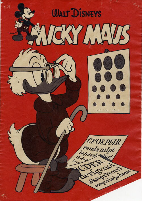 Micky Maus Ankündigungsplakat „Dagobert beim Sehtest“ (60er Jahre)
