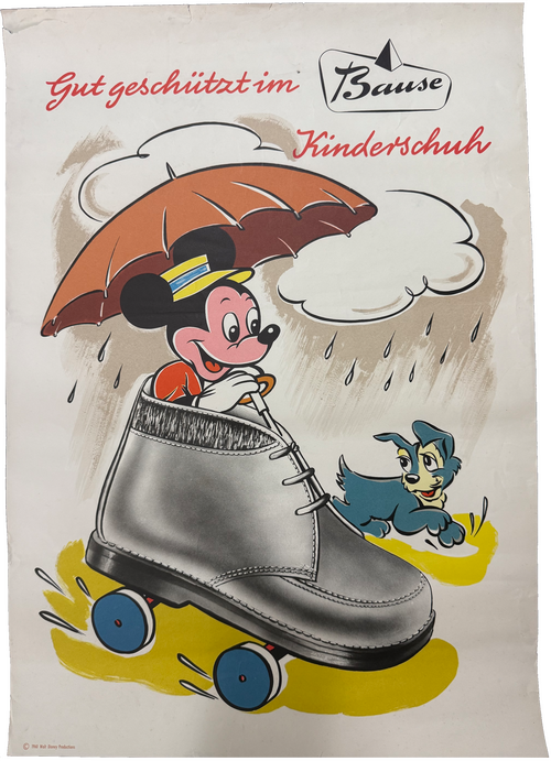 Micky Maus Werbeplakat für Bause Kinderschuh (Wohl 50er Jahre) Motiv: Micky bei Regen mit Schirm