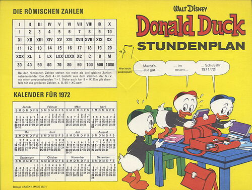 Micky Maus Jahrgang 1971 Stundenplan aus Heft 35  (Ehapa Verlag ab 1951)