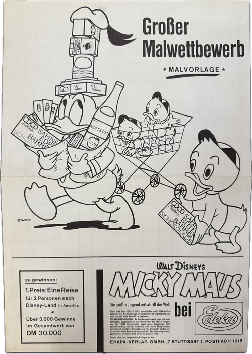Micky Maus Werbe- Ankündigungsplakat aus dem Jahr 1966 zum großen EDEKA Malwettbewerb