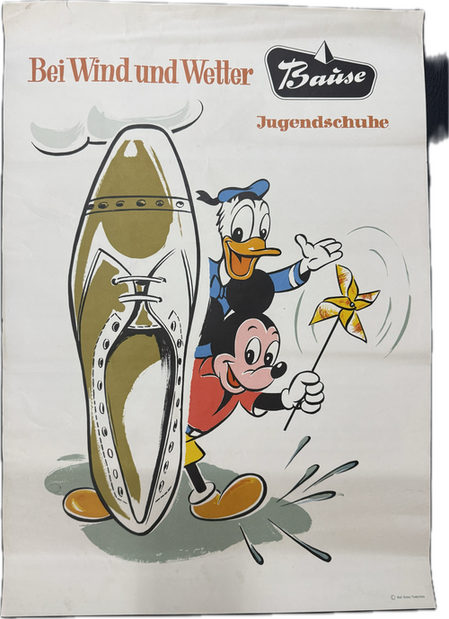 Micky Maus Werbeplakat für Bause Kinderschuh (Wohl 50er Jahre) Motiv: Micky und Donald