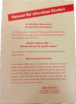 Micky Maus Beilage SOS Kinderdorf (braun) von 1958 aus Heft 46