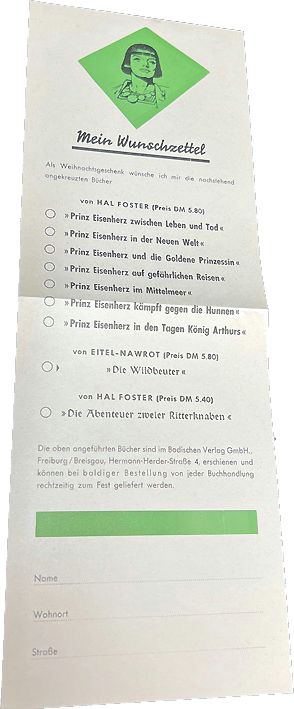 Prinz Eisenherz Wunschzettel des Badischen Verlages für die Hardcover-Ausgabe (50er Jahre)