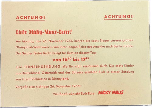 Micky Maus Beilage SFB Zettel von 1956 aus Heft 24