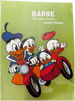 Micky Maus Werbeplakat für Bause Kinderschuh (Wohl 60er Jahre) Motiv: Neffen im Motorradbeiwagen