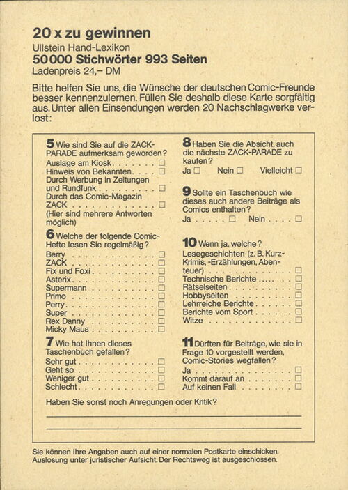 Zack Parade BEILAGE (Koralle, 1973) Umfragekarte aus Taschenbuch 1