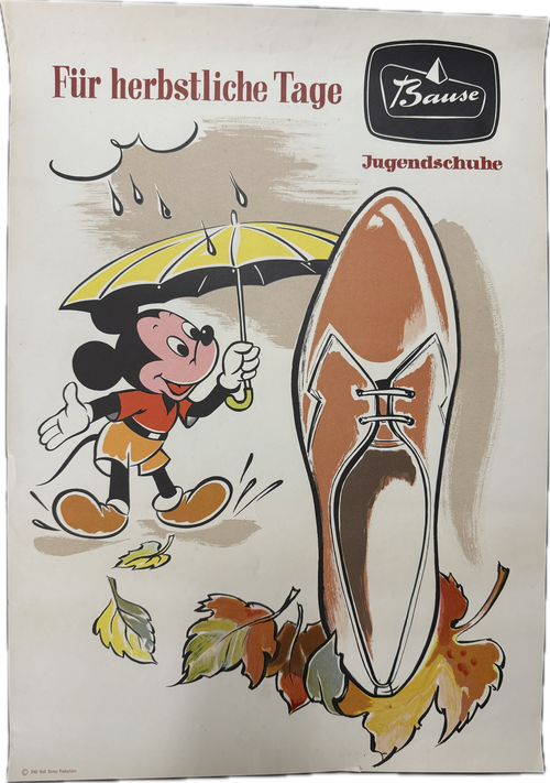 Micky Maus Werbeplakat für Bause Kinderschuh (Wohl 50er Jahre) Motiv: Micky mit Schirm im Laub