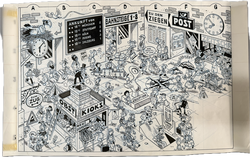 Fix und Foxi Suchbild von Florial Jolino (wohl 90er Jahre / Motiv Bahnhof)