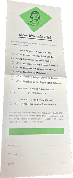 Prinz Eisenherz Wunschzettel des Badischen Verlages für die Hardcover-Ausgabe (50er Jahre)