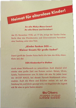 Micky Maus Beilage SOS Kinderdorf (braun) von 1958 aus Heft 44