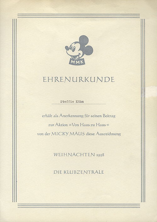 Micky Maus Klub Ehrenurkunde aus dem Jahr 1958 (RARITÄT)