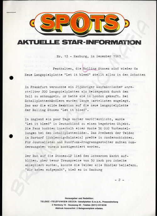 Rolling Stones  - Original-SPOTSS-mitteilungsschreiben der 60er Jahre (Motiv 290)