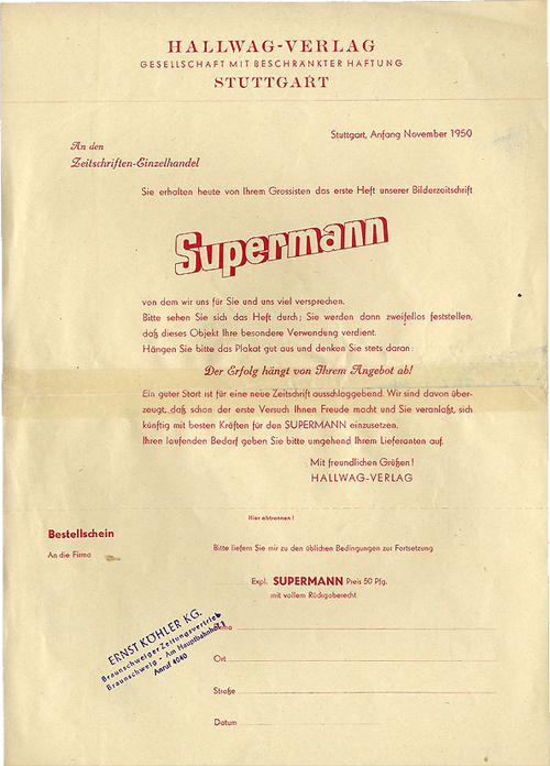 Supermann (1950, Supermann Verlag)  Din A4 Bestellblatt